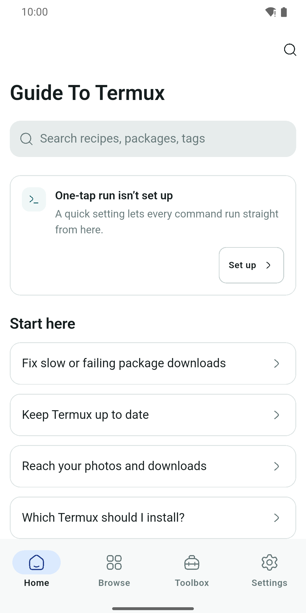 Home — search, one-tap run, start here