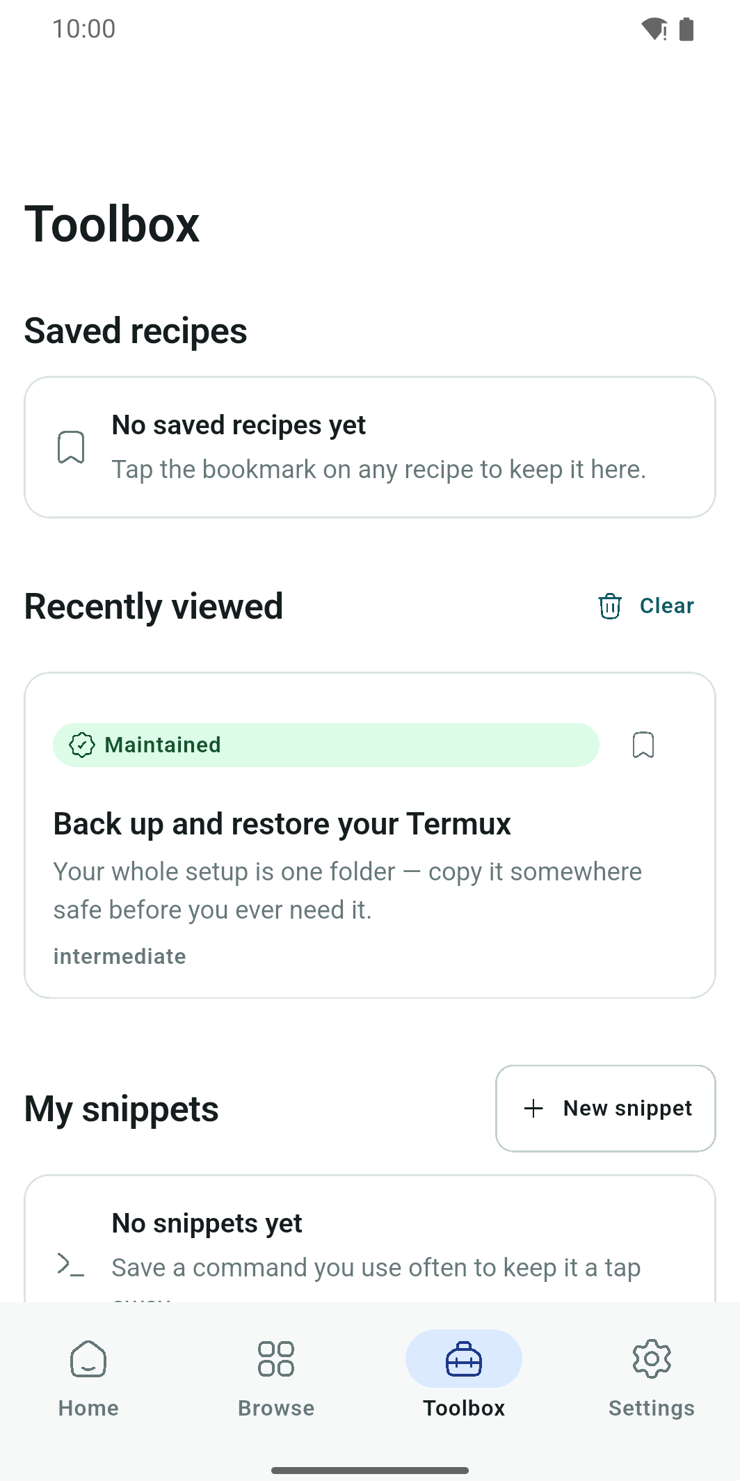 Toolbox — saved recipes and your own snippets