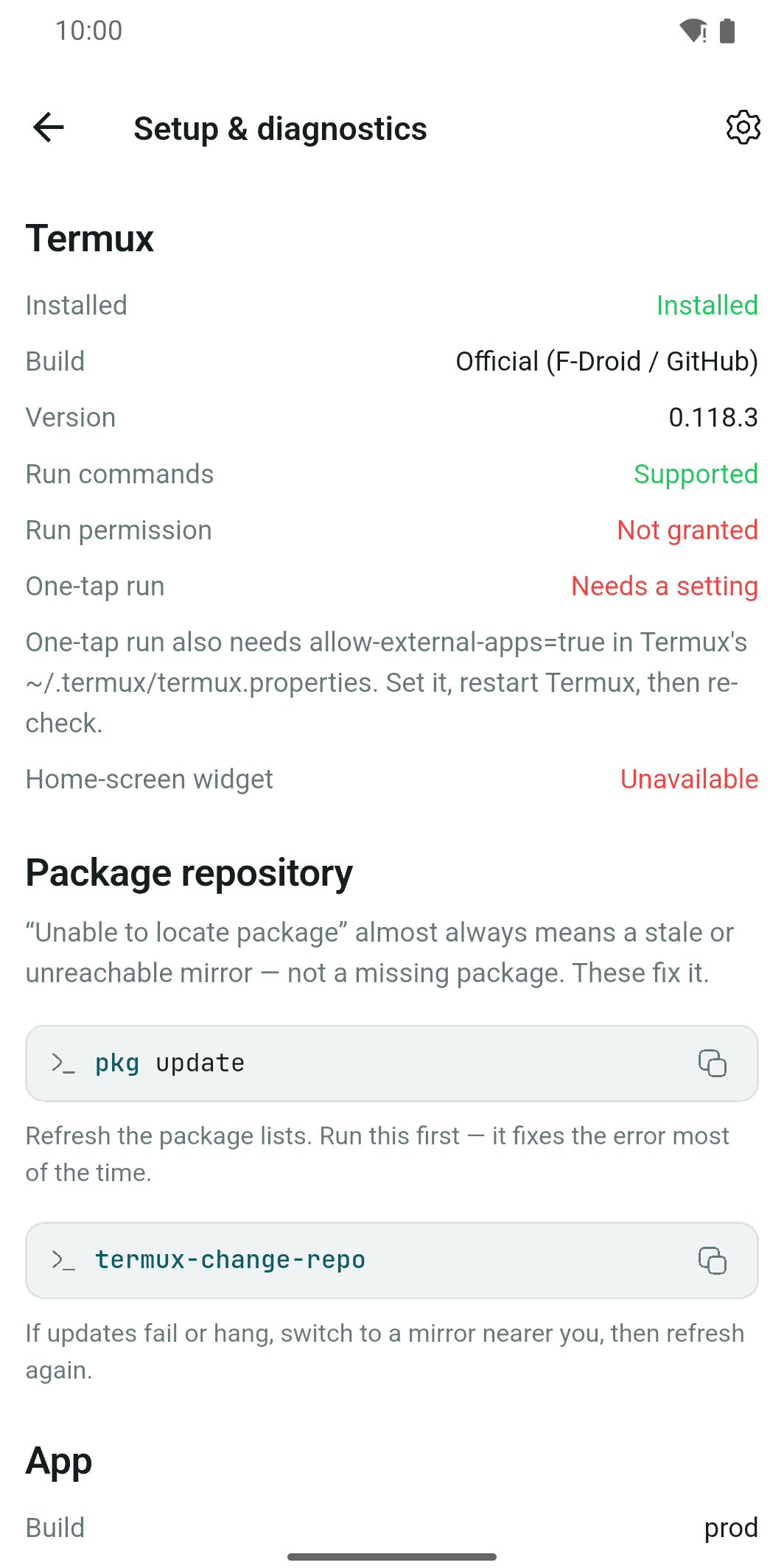 Setup and diagnostics detecting the Termux build and capabilities